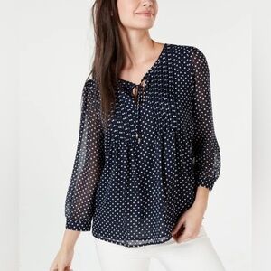 Tommy Hilfiger Navy Polka Dot Pintuck Blouse Women’s Large L Tie Neck 3/4 Sleeve